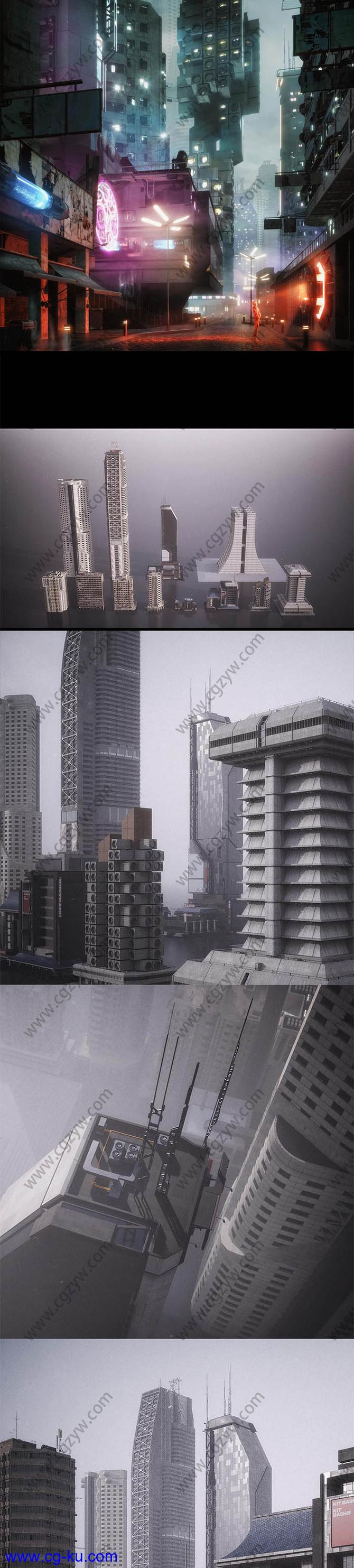 未来派赛博朋克风格城市楼房建筑3D模型的图片2