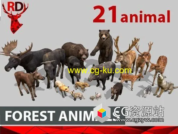 21种野生动物鹿狐狸牛野猪熊低多边形3D模型的图片1