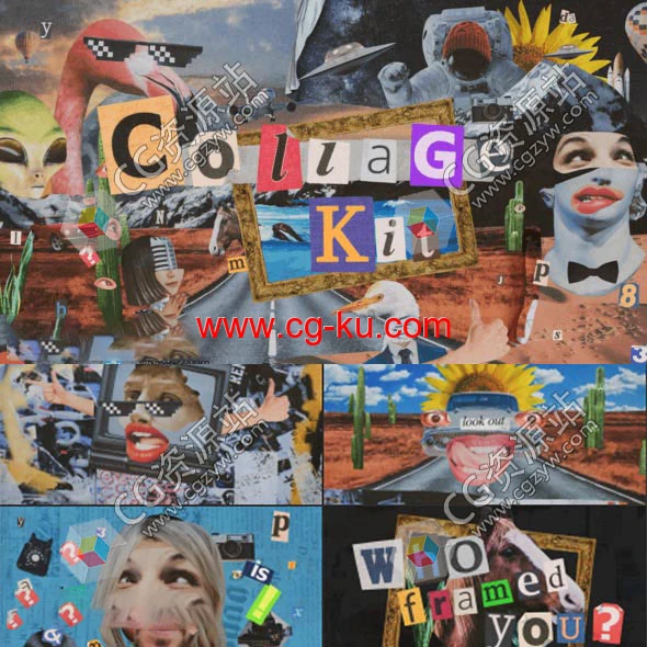AE脚本-398组复古嘴唇眼睛手势动物汽车物品拼贴画贴纸动画预设的图片1