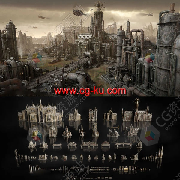 蒸汽柴油朋克机械工业建筑物品3D模型 C4D/MAX/Maya/Blender/等的图片1