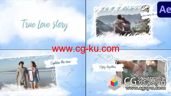 AE模板-浪漫爱情卡通云朵照片相册视频片头 True Love Story的图片1