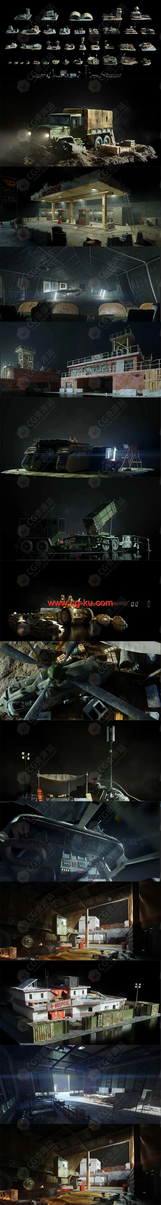 战争前线废墟武器军事装备基地建筑3D模型 C4D/Blender/FBX/OBJ/UE格式的图片2
