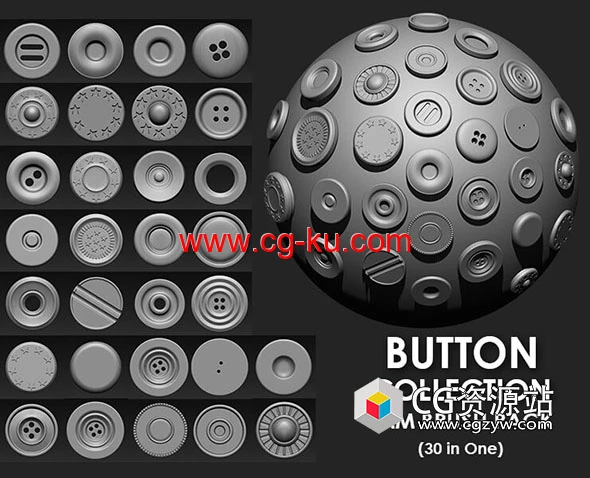 ZBrush 30组纽扣笔刷预设+OBJ模型 Buttons Collection IMM Brush Pack的图片1