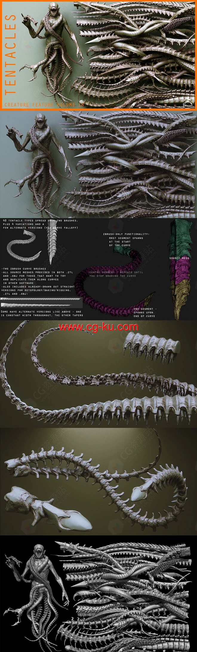ZBrush 40个怪物生物章鱼触手笔刷模型合集的图片1