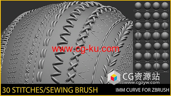 30个Zbrush针迹缝纫笔刷预设 30 IMM Stitches/Sewing Brush for Zbrush的图片1