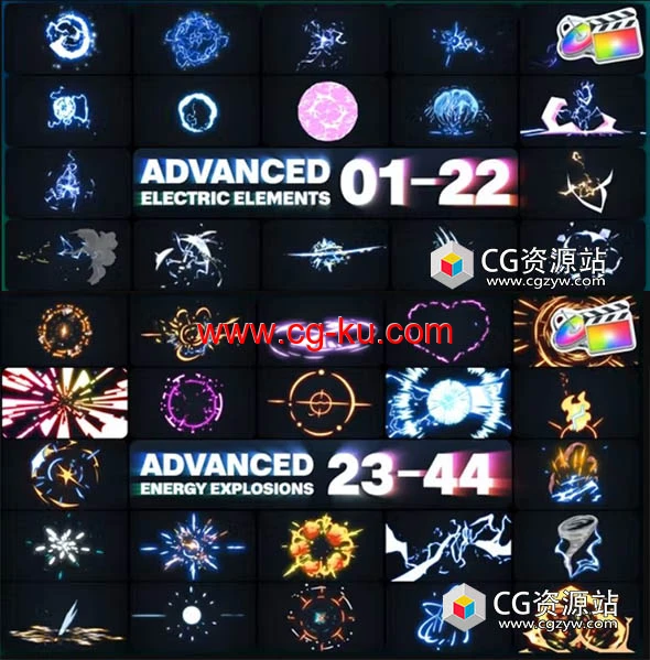 FCPX插件-140个动漫卡通能量闪电火花电流爆炸元素MG动画 两套的图片1