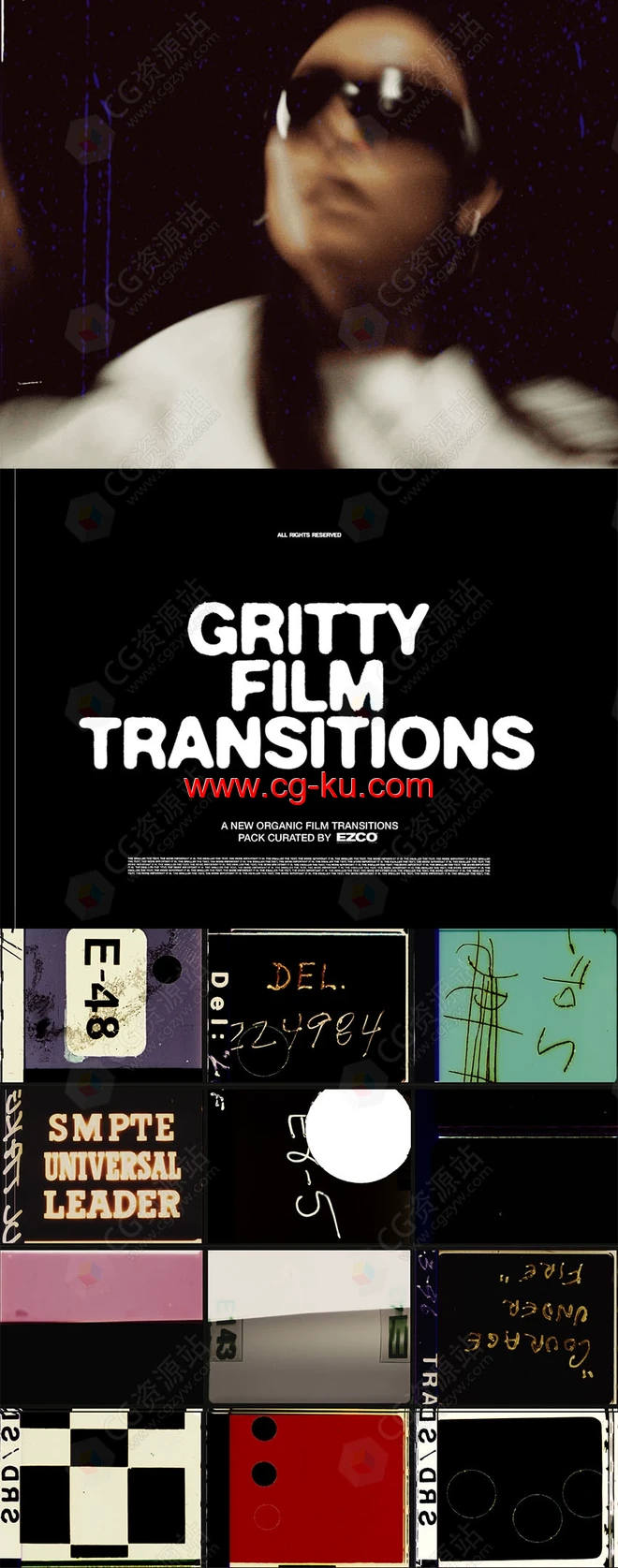 EZCO 70个复古电影过渡胶片打孔闪烁漏光质感纹理叠加视频素材 Gritty Film Transitions的图片2