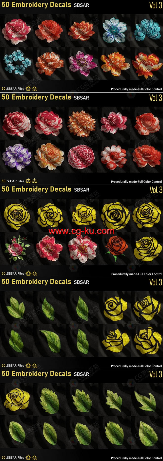 Substance 50种刺绣贴花-SBSAR格式 50-Embroidery Decals-SBSAR-Vol3的图片2