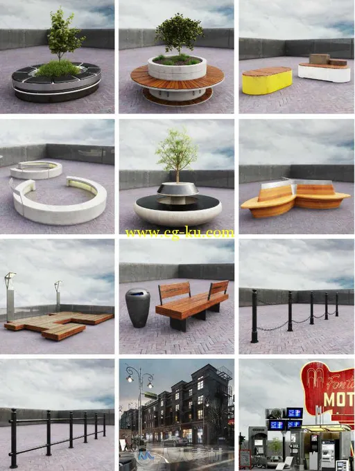城市街道配套设施3D模型合辑 Evermotion Archmodels vol.162的图片1