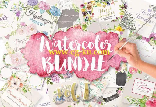 19组水彩风格花和植物平面素材合辑第一辑Big Floral Watercolor Bundle I的图片1
