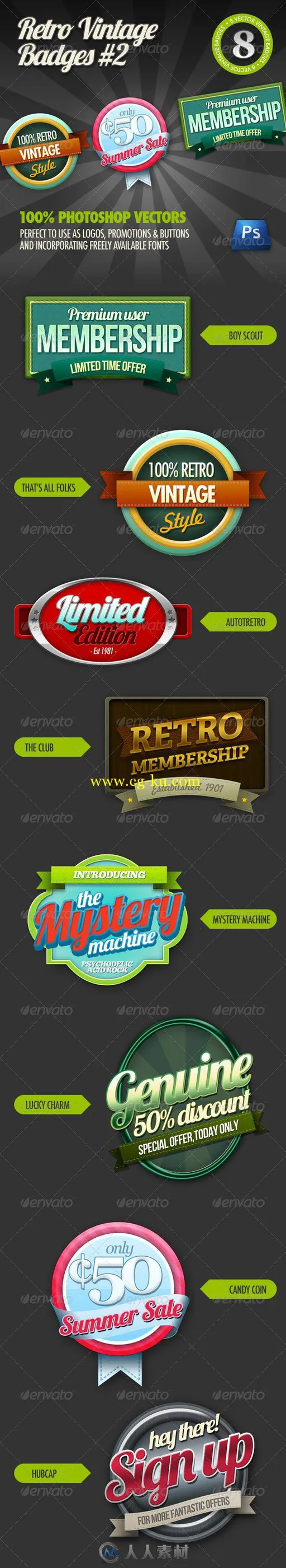 8款复古风格图标展示PSD模板8 Retro Vintage badges #2 471447的图片2
