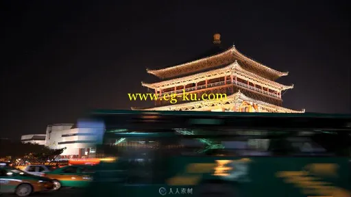西安夜景钟楼大雁塔延时实拍素材的图片2