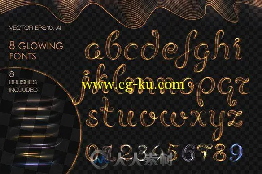 8款金属风格字符笔刷AI模板8 GLOWING METAL FONTS 8 BRUSHES的图片1