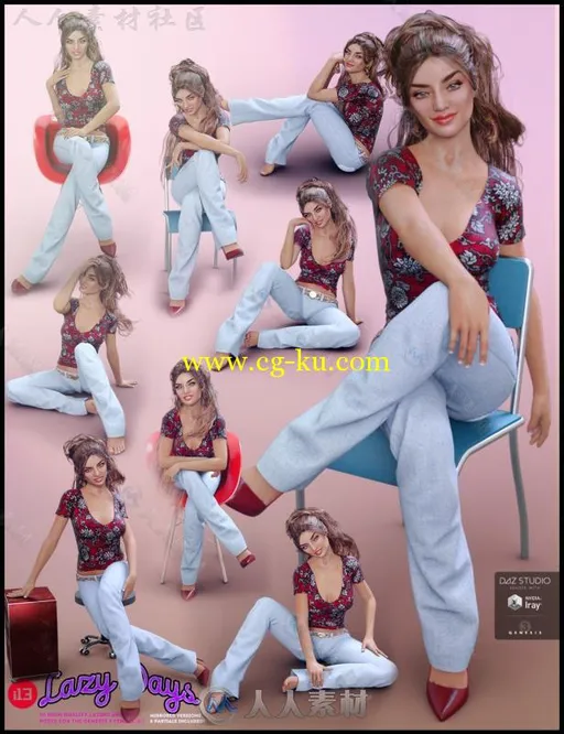 独特的非常放松的女性坐躺姿势3D模型合辑的图片2