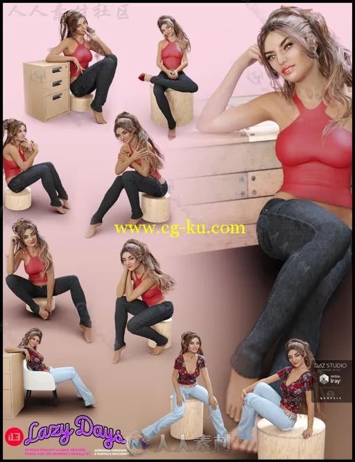 独特的非常放松的女性坐躺姿势3D模型合辑的图片3