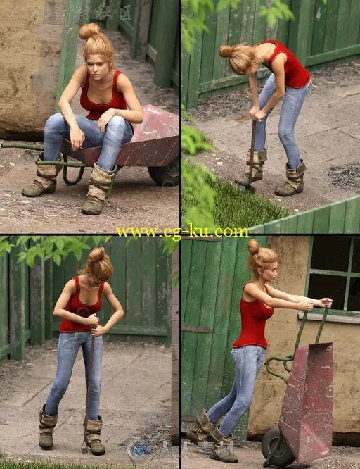 女性园丁园艺姿势和花园盆栽棚工具3D模型合辑的图片2