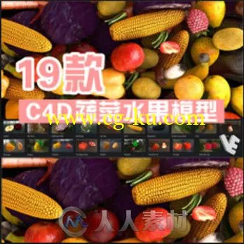 19种常见水果蔬菜含贴图3D模板E3D/C4D三维模型的图片3
