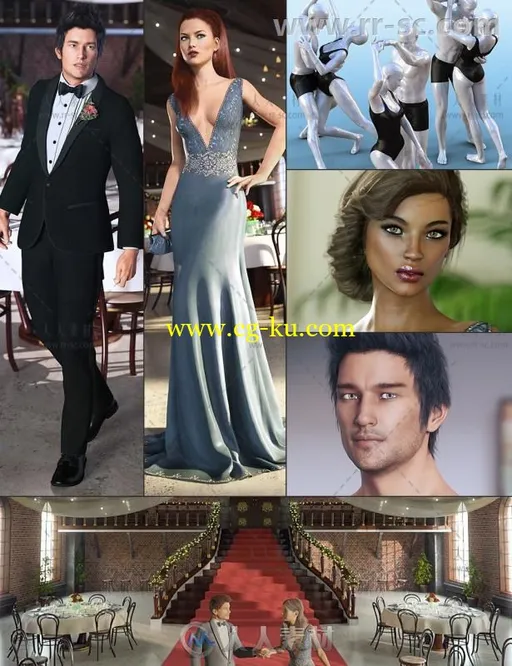 迷人的舞厅男性女性经典晚礼服与舞蹈姿势3D模型合辑的图片3