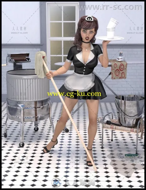 创意经典趣味打扮风格的女性打扫家务姿势和道具3D模型合辑的图片1