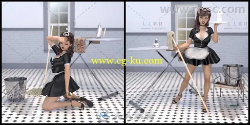 创意经典趣味打扮风格的女性打扫家务姿势和道具3D模型合辑的图片3