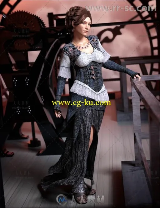女性美丽的维多利亚蒸汽朋克风格服装套装3D模型合辑的图片1