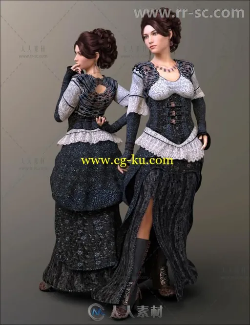 女性美丽的维多利亚蒸汽朋克风格服装套装3D模型合辑的图片2
