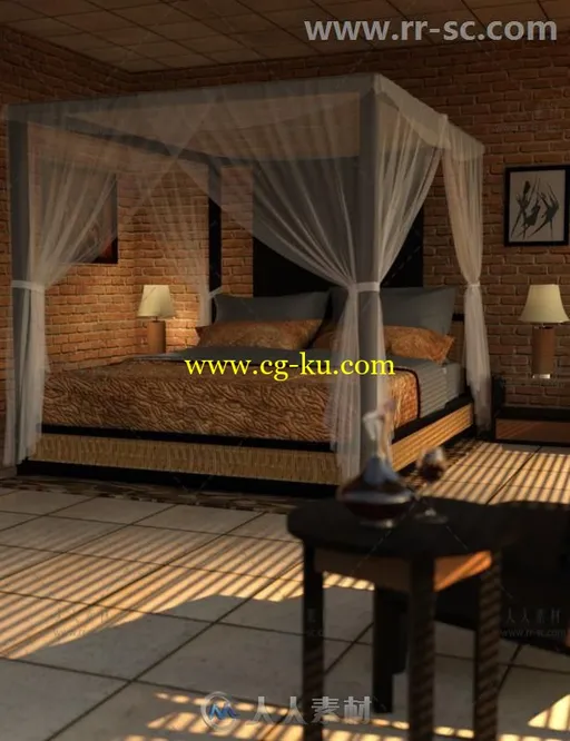 完整的优雅风格的天蓬床和床上用品3D模型合辑的图片1