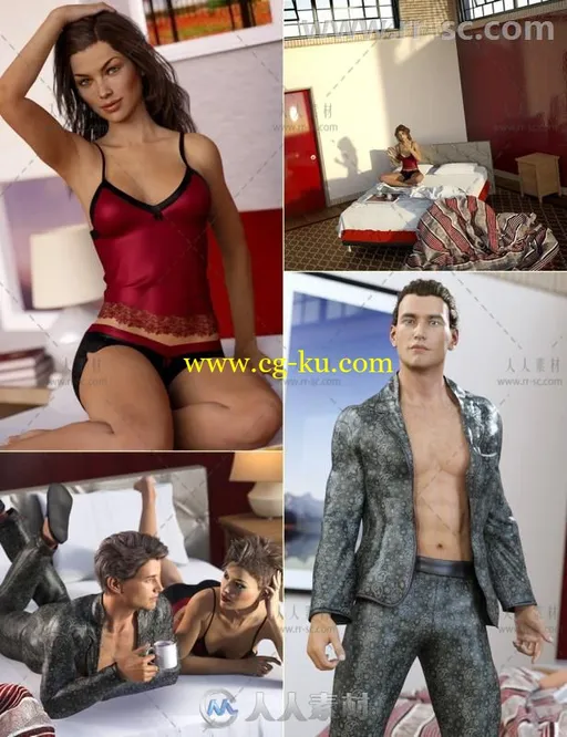 男性女性时尚美丽的睡衣和床上躺卧姿势3D模型合辑的图片3