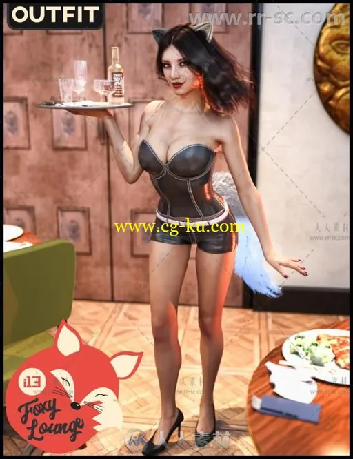 女性服务员美丽性感紧身胸衣短裤耳朵尾巴和高跟鞋3D模型合辑的图片1