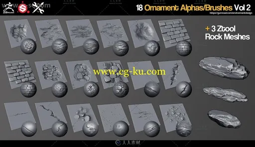 55组Zbrush饰品纹理雕刻贴图等合辑 GUMROAD ZBRUSH SP 55 ORNAMENT BRUSHES +的图片3