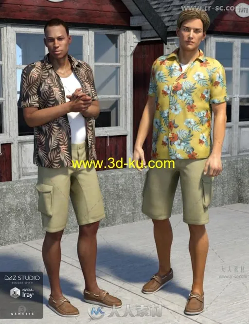 男性宽松舒适休闲的衬衫短裤和板鞋3D模型合辑的图片1
