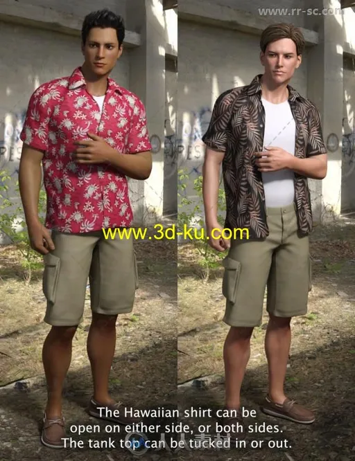 男性宽松舒适休闲的衬衫短裤和板鞋3D模型合辑的图片3