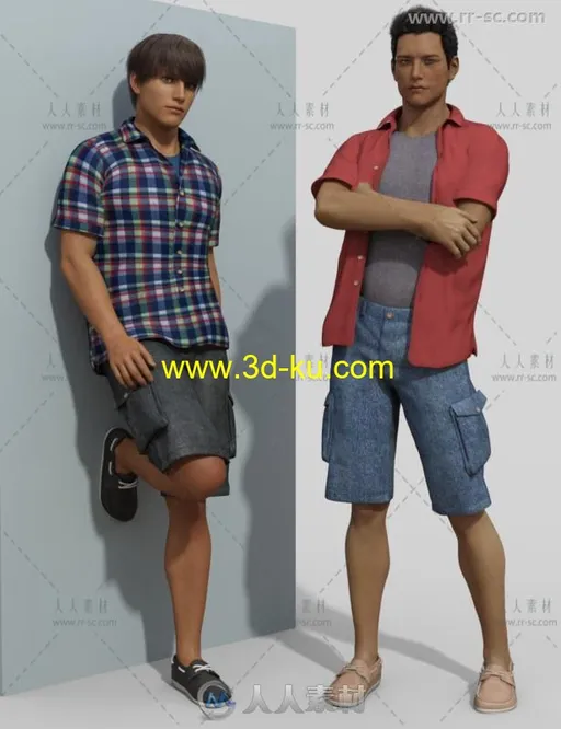 男性时尚帅气充满活力的衬衫短裤和板鞋3D模型合辑的图片2
