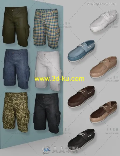 男性时尚帅气充满活力的衬衫短裤和板鞋3D模型合辑的图片3