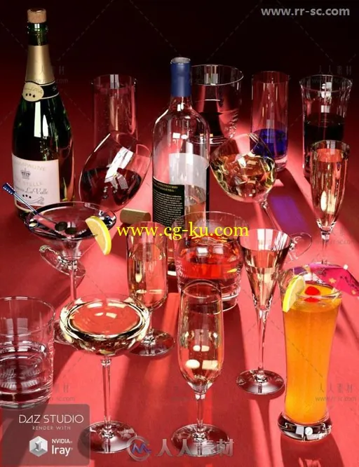 超逼真的派对酒瓶酒棒托盘杯垫3D模型合辑的图片1