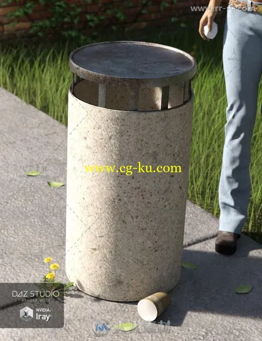 公园里的长椅白杨树和垃圾桶3D模型合辑的图片3