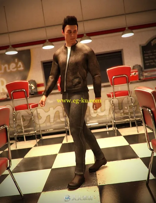 50年代男性复古风牛仔夹克3D模型的图片3
