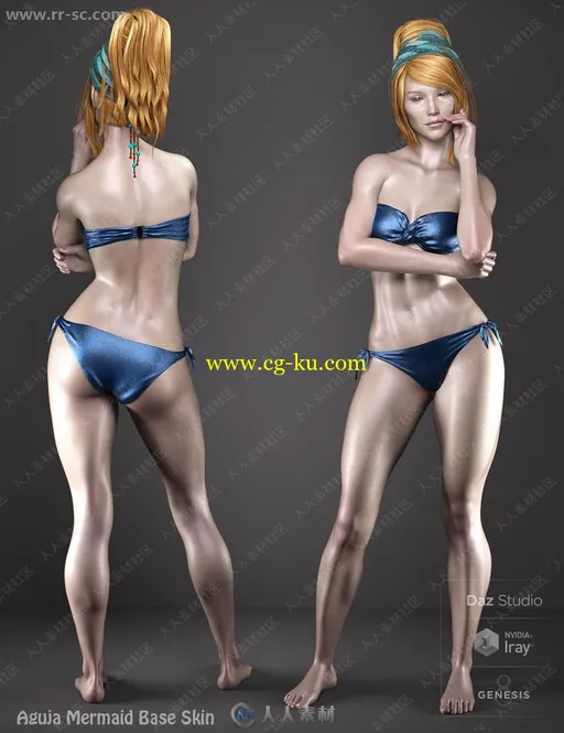 两种肤色多组眼唇妆容鱼鳍背鳃美人鱼3D模型的图片1