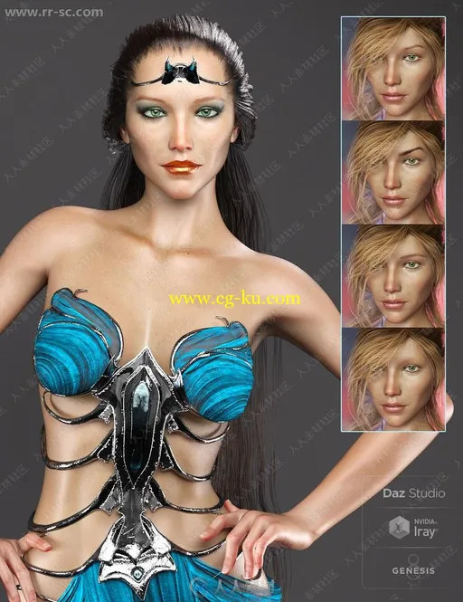 两种肤色多组眼唇妆容鱼鳍背鳃美人鱼3D模型的图片14