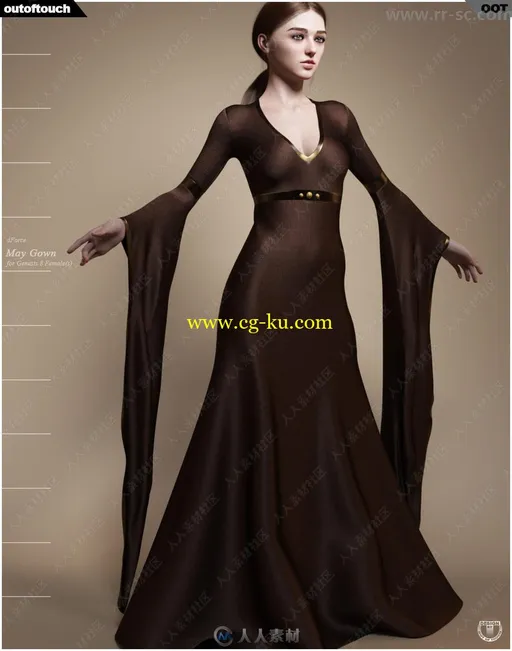 中世纪复古女性拖地长款礼服3D模型的图片1