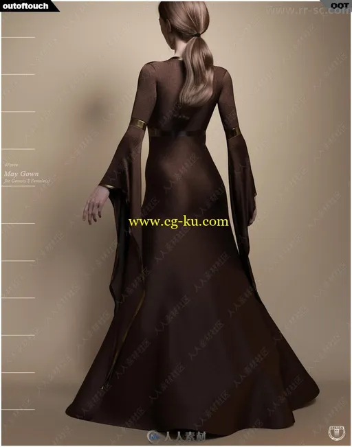 中世纪复古女性拖地长款礼服3D模型的图片6