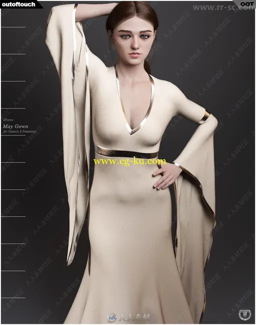 中世纪复古女性拖地长款礼服3D模型的图片7