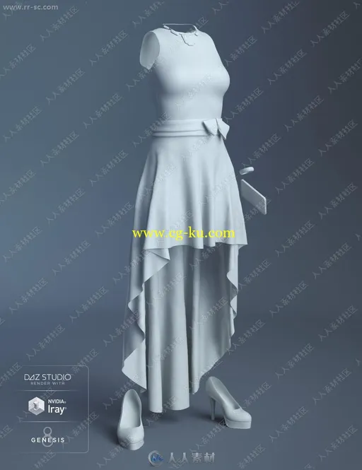 黑色蕾丝薄纱前短后长礼服3D模型的图片1