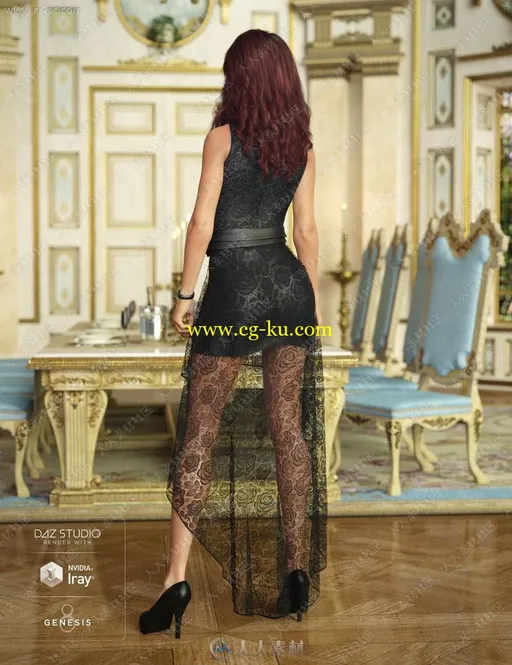 黑色蕾丝薄纱前短后长礼服3D模型的图片3
