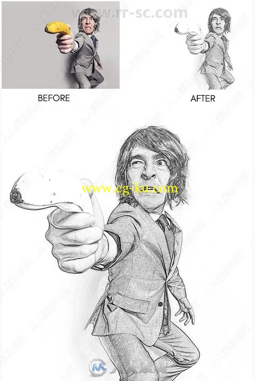 专业逼真铅笔人物素描艺术特效PS动作的图片2