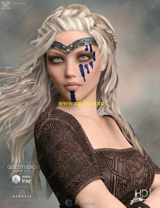 多组美丽战斗女性眼部唇部妆容鹿头纹身3D模型的图片1