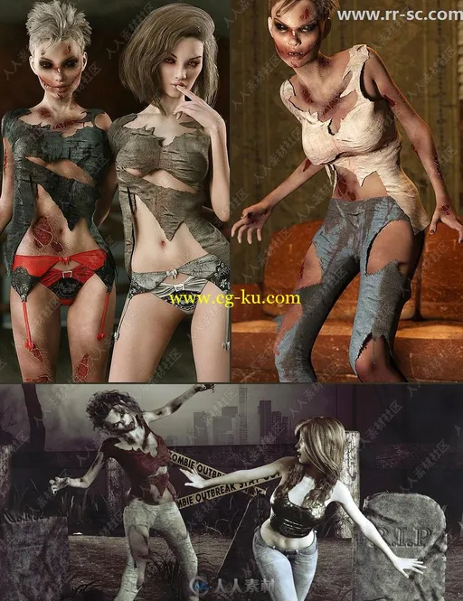 破碎衣服满身伤痕凶狠女僵尸3D模型的图片3
