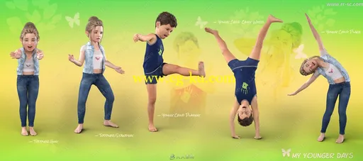 少年男孩女孩与老年男性女性姿势3D模型的图片3
