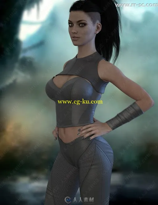 干练女性短靴皮质紧身衣裤套装3D模型的图片1