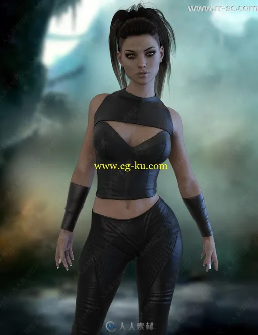 干练女性短靴皮质紧身衣裤套装3D模型的图片2